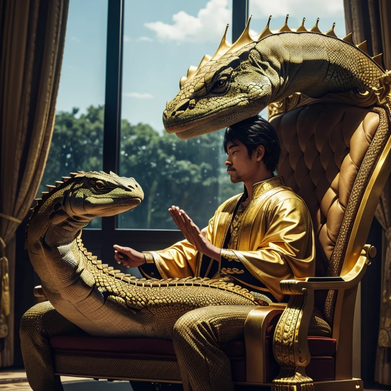 A king on a golden throne petting his Komodo dragon