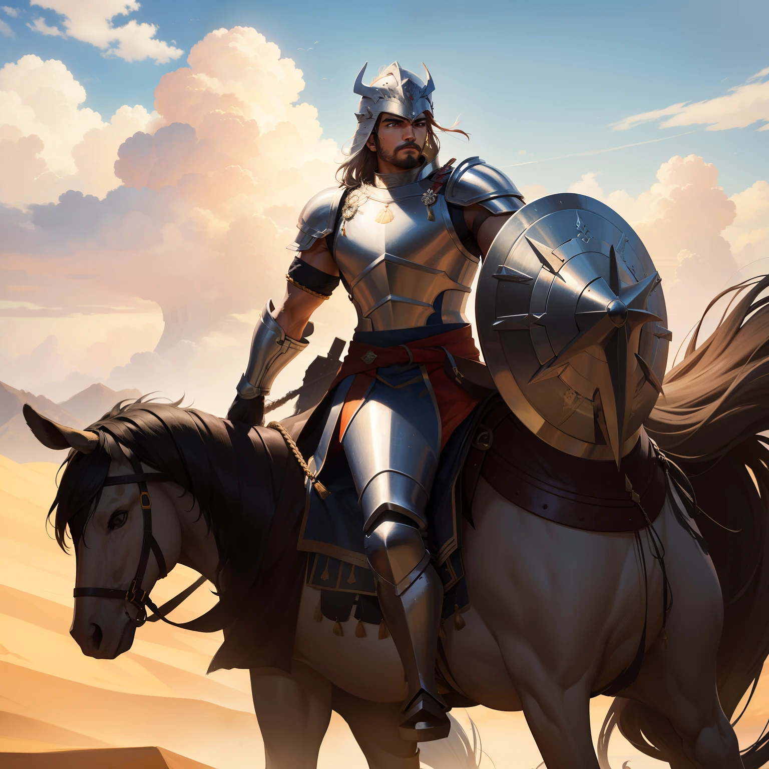 Gurjar, a strong warrior, stands firm with a shield in his hands. Dressed in armor, his muscular frame shines under the scorching desert sun. His helmet protects his head, and his eyes are focused on the distant horizon. The winds, strong and turbulent, whip around him, stirring up clouds of sand. Horses, or cavalos, gallop in the background, their manes and tails lifted by the wind. Amidst this stark, beautiful chaos, the Gurjar remains unyielding.
(Wensheng picture prompt words: Gurjar, Strong man,Take a shield, is dressed in armor, wearing her helmet, in a desert