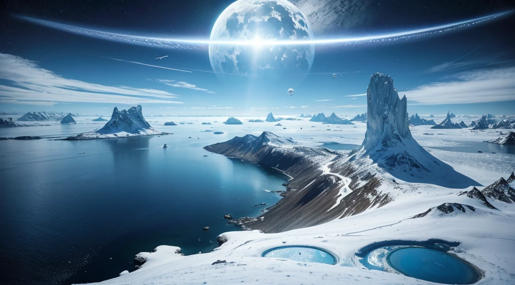 Surreal　best view future city，Photo quality，Extremely high level of detail，There is a spaceship floating in the sky，Colors come in many colors，4k HD Sony 3.0 in the arctic，A space battleship was teleported through a wormhole and fell from the sky.，above the glacier