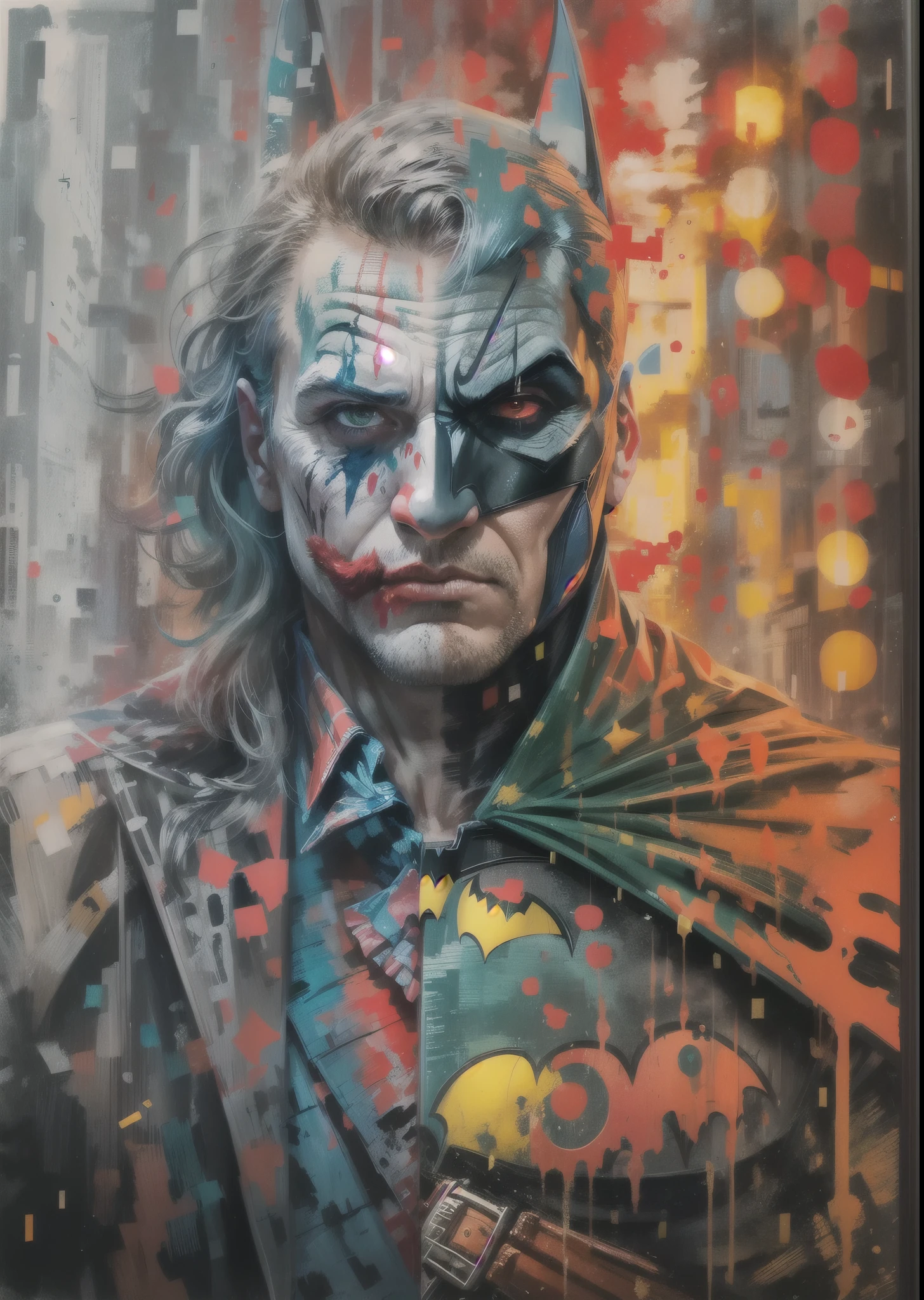 batman clown painting on canvas, arte colorida do filme, portrait of the clown, batman as the clown, the clown, portrait of clown, arte dc, the clown as batman, portrait of a clown, clown, retrato do batman, Cavaleiro das Trevas, arte pop de fantasia, estilo de arte da DC Comics, super hero art, retrato do batman, arte de quadrinhos, the Cavaleiro das Trevas, Obra-prima 64k ultra realista Multi colorida EDUARDO KOBRA.