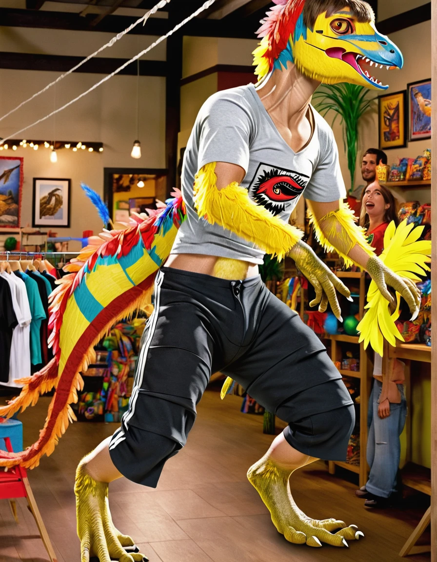 Ultra high resolution, best quality, masterpiece, (full body side shot:1.75), (pinata transformation:1.4), mid transformation, (a terrified male college boy half human half deinonychus velociraptor piñata hybrid:1.6), shrinking, (you are suspended from the ceiling by wires, hung up among pinata display inside a mexican pinata animal shop:1.5), (wearing a t-shirt and pants:1.5), (human feathered deinonychus piñata partial hybridization:1.55), (the store's anti-theft magic morphs and shrinks you into a deinonychus piñata:1.6), (crimson:1.4) (slate:1.25) (alabaster:1.35) (black:1.1), (part human:1.5), (real life, photorealistic:1.8), NSFW