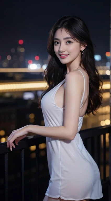 8k, masterpiece, RAW photo, best quality, photorealistic, extremely detailed CG unity 8k wallpaper, Depth of field, Cinematic Light, Lens Flare, Ray tracing, (extremely beautiful face, beautiful lips, beautiful eyes), intricate detail face, ((ultra detailed skin)) 1girl, in the dark, deep shadow, pretty asian girl, ((looking at viewer)),(big smile), (blurry background), midnight, (pretty girl), earrings, bracelets, necklace, clear eyes, (pale skin), face forward, (big eyes), (looking at viewer), large breasts ,((smile)), rooftop, dim lights, ((night)), cityscape, blue eyes, golden dress, mini dress, open breast, veranda, very slim, (medium butt), see through dress, no bra no underwear thick thighs