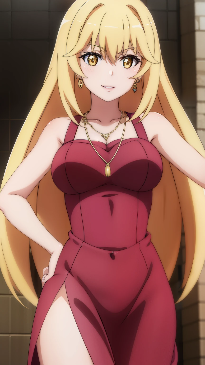 highest quality, High resolution, beautiful eyes, highly detailed face, Detailed CG,misakishokuhou, misaki shokuhou, blonde hair, hair between eyes, long hair, pupil in the shape of a symbol, yellow eyes,20's style,large medium breasts,
red dress,party dress,necklace,earrings,natural lip,smile,stylish pose, stylish angle,looking at the viewer, in the center of the image,cowboy shot,