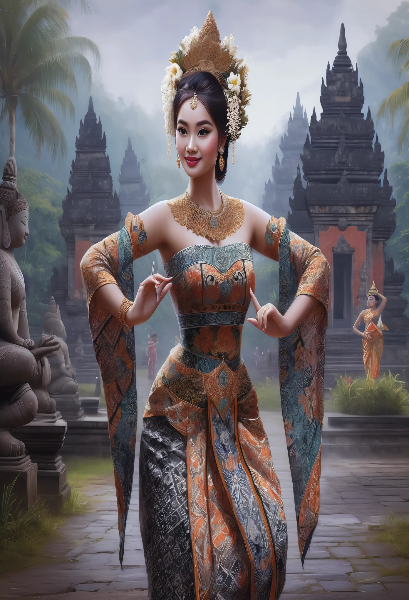 create a realistic picture of a beautiful Indonesian woman, little fat body wearing royal majapahit age-style half-breasted batik patterned kemben, with a simple crown and small bun, performing balinese dance moves, prambanan temple background 