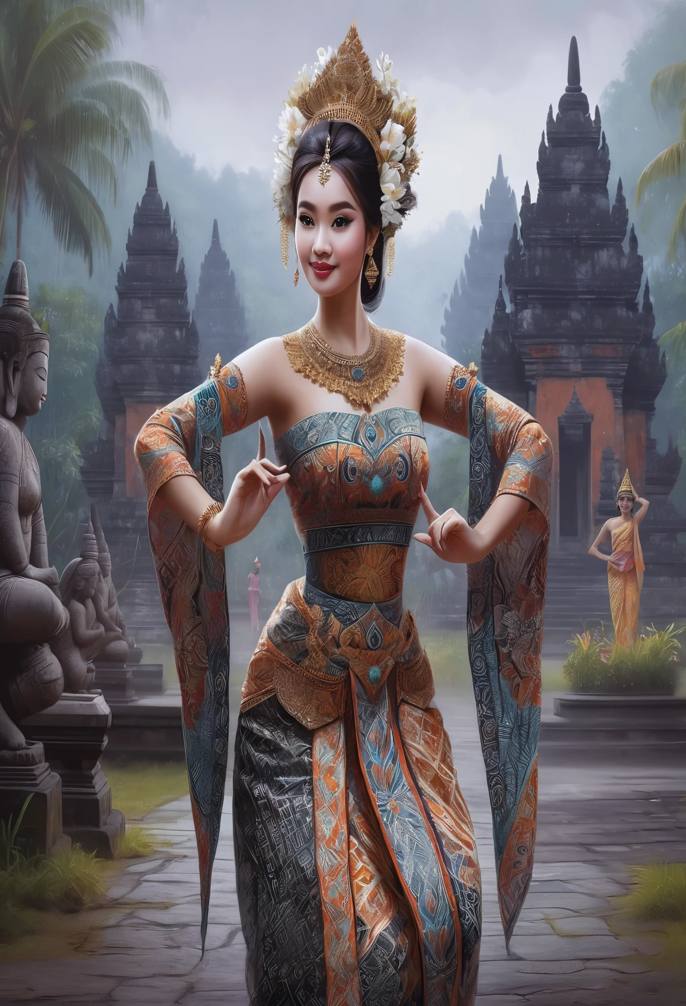 create a realistic picture of a beautiful Indonesian woman, little fat body wearing royal majapahit age-style half-breasted batik patterned kemben, with a simple crown and small bun, performing balinese dance moves, prambanan temple background 
