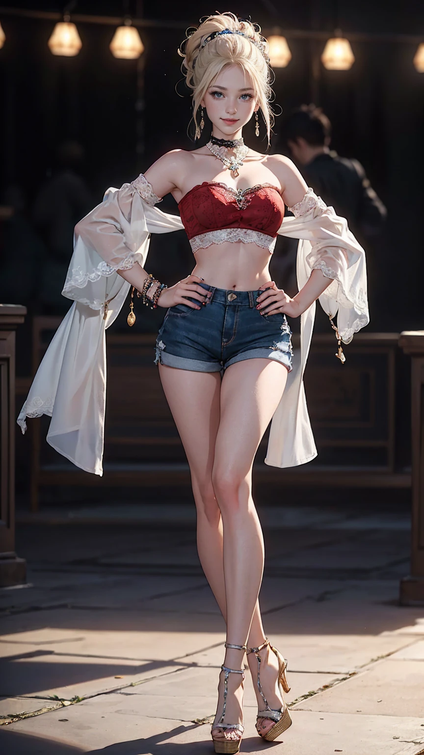 ((最high quality, 8K, masterpiece: 1.3, Ultra HD, high quality, 最high quality, High resolution, realism)) 、25 year old white woman、platinum blonde、blue eyes、long hair、、hair above one eye、、smile、slender、A soft and plump feminine body、I don't want my head to disappear from the screen.、Accessorize your wrist、Wearing red nail polish、I have a peticure、Shiny underboob top((underboob top))wear、Wear a low-rise pleated skirt、wearing stiletto heels、smileになる、pastel orange background、put your hands on your hips、shawl((shawl))put on over the shoulder