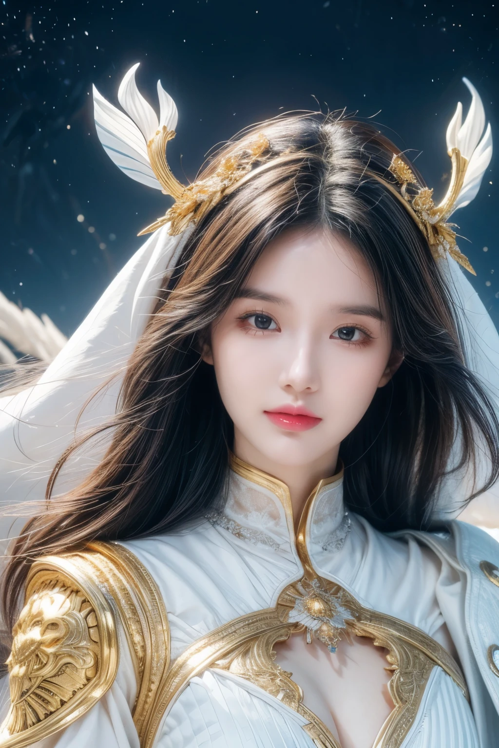 (masterpiece, top quality, best quality, official art, Beautiful and beautiful:1.2), (1 girl), extremely detailed eyes, (fractal art:1.3), rich and colorful, most detailed, (perfect face), shiny skin, high dynamic range, (white cloak golden lines:1.2), galaxy, (light streaks), Eye-catching visuals, (dynamic stripes, glow trail:1.2), bright colors, (Phoenix), (dragon)