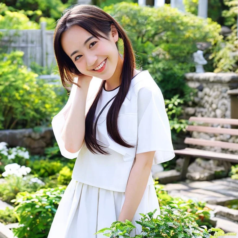 Medium long hair posing in white tennis wear、Japanese teenage female、shy smile