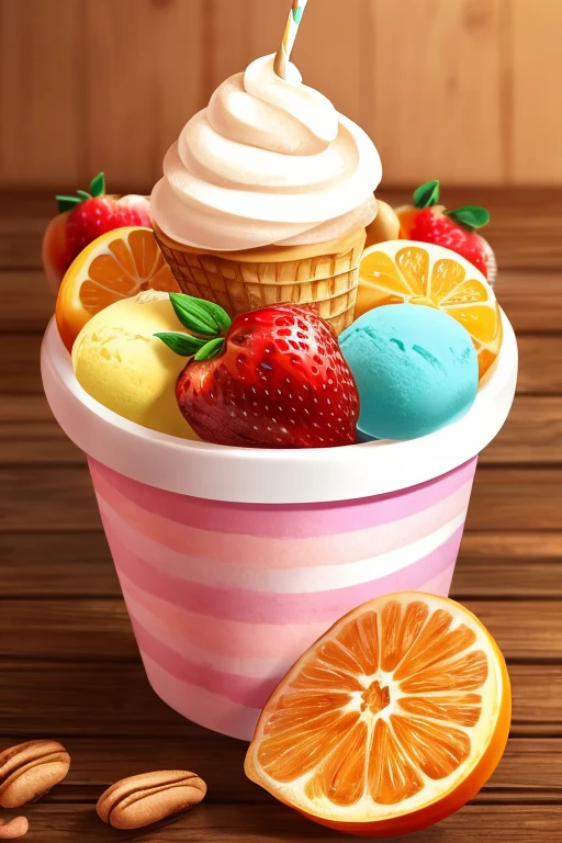 A fruit-based ice cream with vitamin C inside contains crunchy pecans or peanuts, por encima extracto dulce y finalmente a su costado frutas en su estado normal