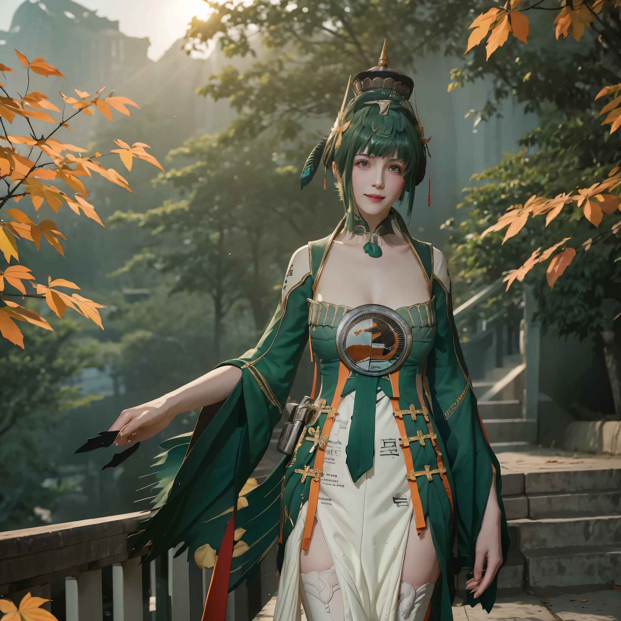 A woman wearing a green dress with white details, green hair, orange eyes, walking on a staircase from a high point of a large Chinese rocky mountain, some trees with orange autumn leaves, leaves falling mist in place, smiling.HDR, ultra resolution, well defined, masterpiece, 8K HD. (solo woman)
