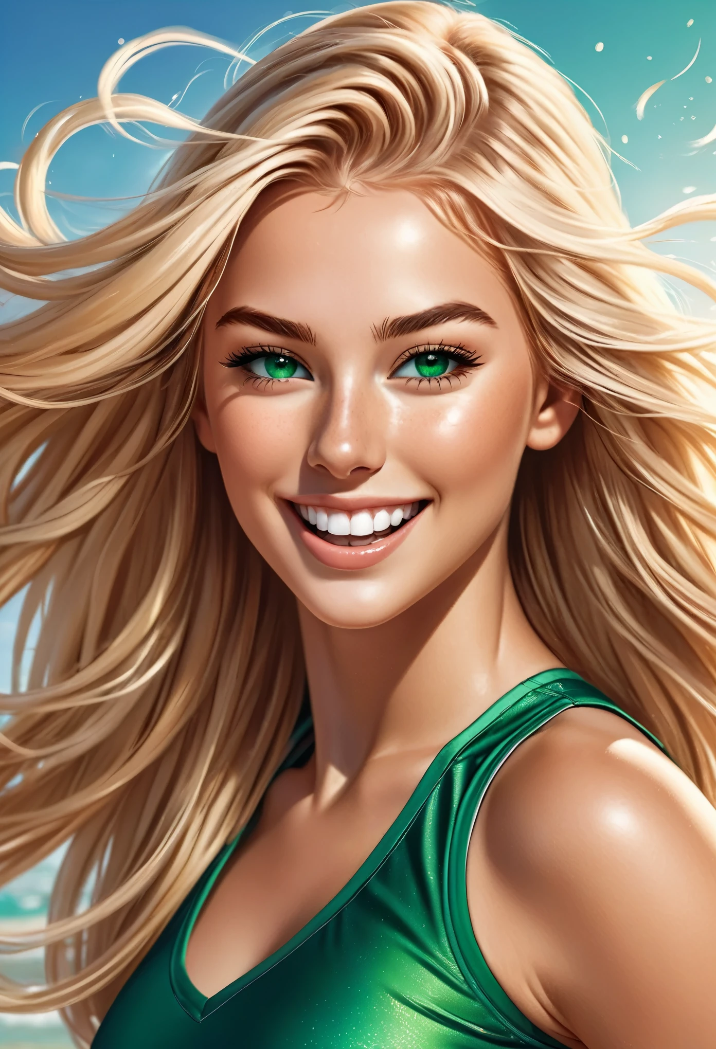 A highly detailed portrait of a stunningly beautiful young woman in a tight and form-fitting volleyball outfit. Long Blond hair blowing in the wind . Dazzling and glowing emerald eyes, freckles and blush. Mouth open in joyous. Rushing towards the camera with open arms. Art style of Arthenin.