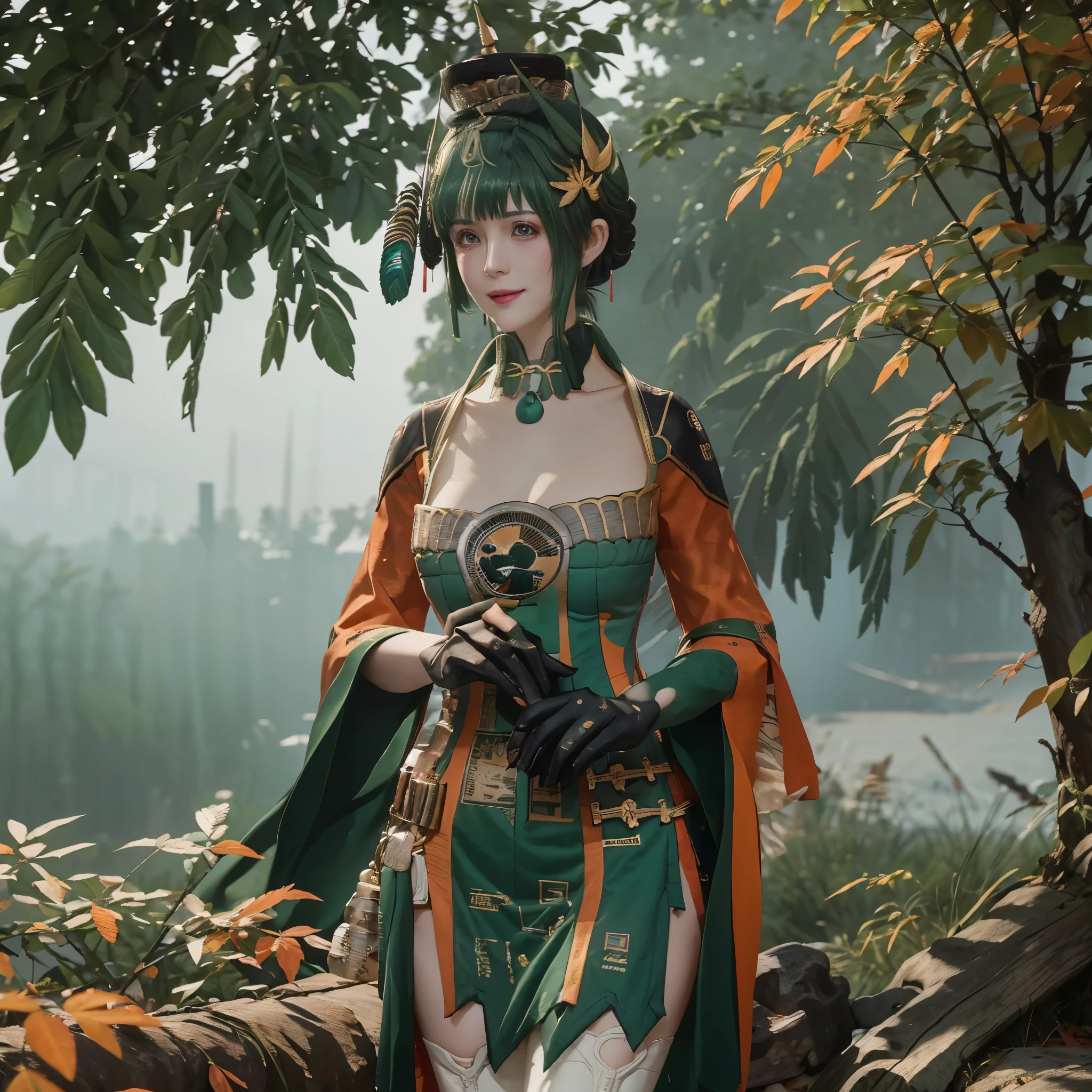 A woman wearing a green dress with white details, green hair, orange eyes, walking on a staircase from a high point of a large Chinese rocky mountain, some trees with orange autumn leaves, leaves falling mist in place, smiling.HDR, ultra resolution, well defined, masterpiece, 8K HD. (solo woman)
