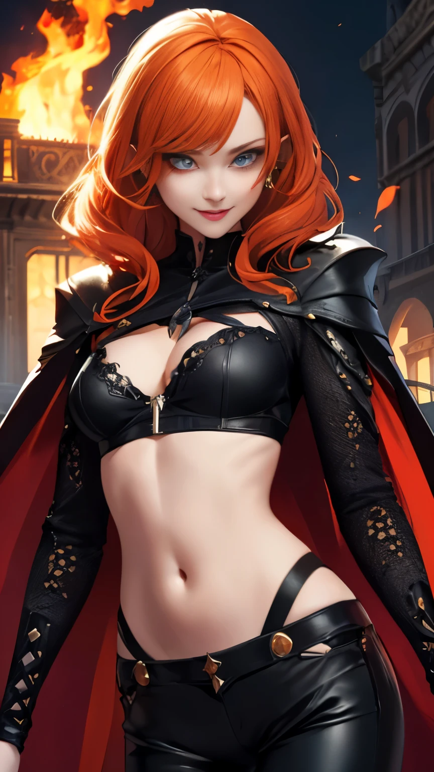(Highly quality, masterpiece, detailed), fire city detailed scenario, fire city detailed background, solo, orange hair, madelynepri, 1woman, black cape, black crop top, leather pants, sleeves, navel, perfect face, evil smile, beautiful eyes, look at the viewer, Sexy pose