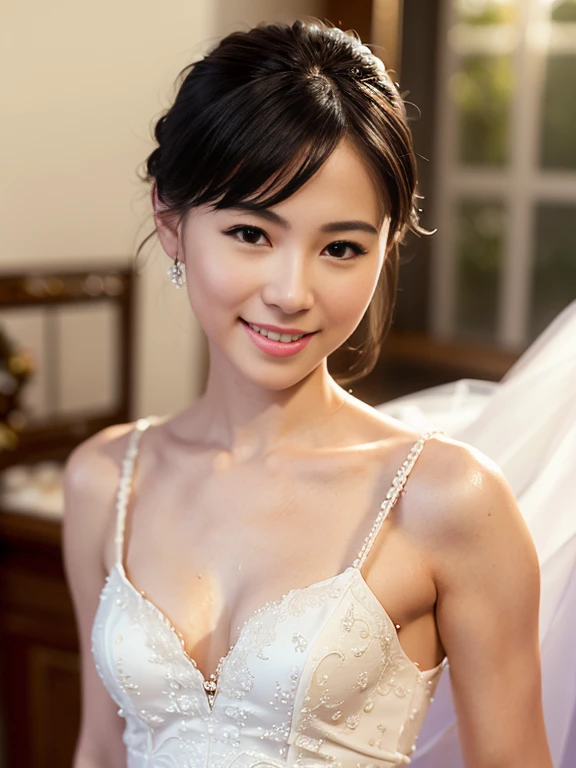 1 girl, smile, shiny skin, delicate face, best quality, masterpiece, (realistic: 1.4), wedding dress, random hairstyle, perfect figure, small breasts, princess