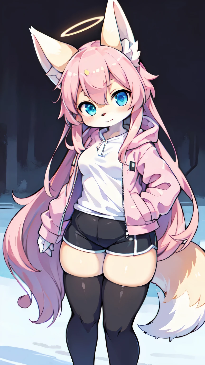 (best quality,4k,8k,highres,masterpiece:1.2),ultra-detailed,(realistic,photorealistic,photo-realistic:1.37),Kawaii, Fluffy Fox, flat breasts, Pink long straight hair, long side bangs, Blue Eyes, Heterochromia, Solo, Pink hood jacket, White Oversized Blouse, Black Shorts, Pink Striped, thigh-high Socks, Grey sneakers, Body fur, Halo