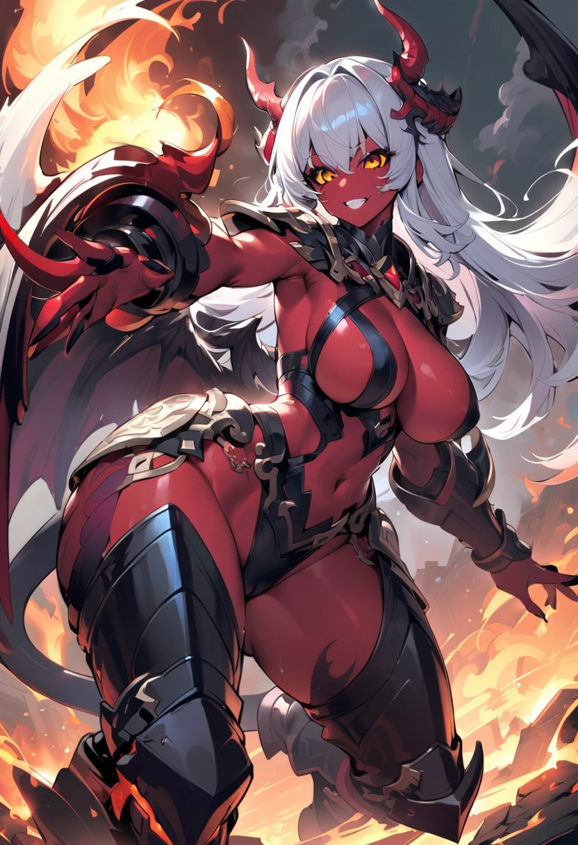 8k_wallpaper, extremely detailed eyes, extremely detailed body, (large masterpiece digital art), (detailed manga illustration), (detailed line art), ((perfect anatomy)), (intricate details:1.3), (ultra-detailed:1.3), (illustration:1.3), (sharp focus:1.3), (natural lighting:1.05), (vivid colors:1.3), (masterpiece), (best quality:1.4), (perfect anatomy:1.4), high quality, expressive eyes, full body, detailed face, beautiful face, perfect face, 1girl, (red skin), black sclera, smile, colored sclera, breasts, solo, monster girl, white hair, demon, wings, tail, boots, eyes, glowing, burning, smoke, excessive energy, full armor, (armor), helmet, heavy armor, halberd