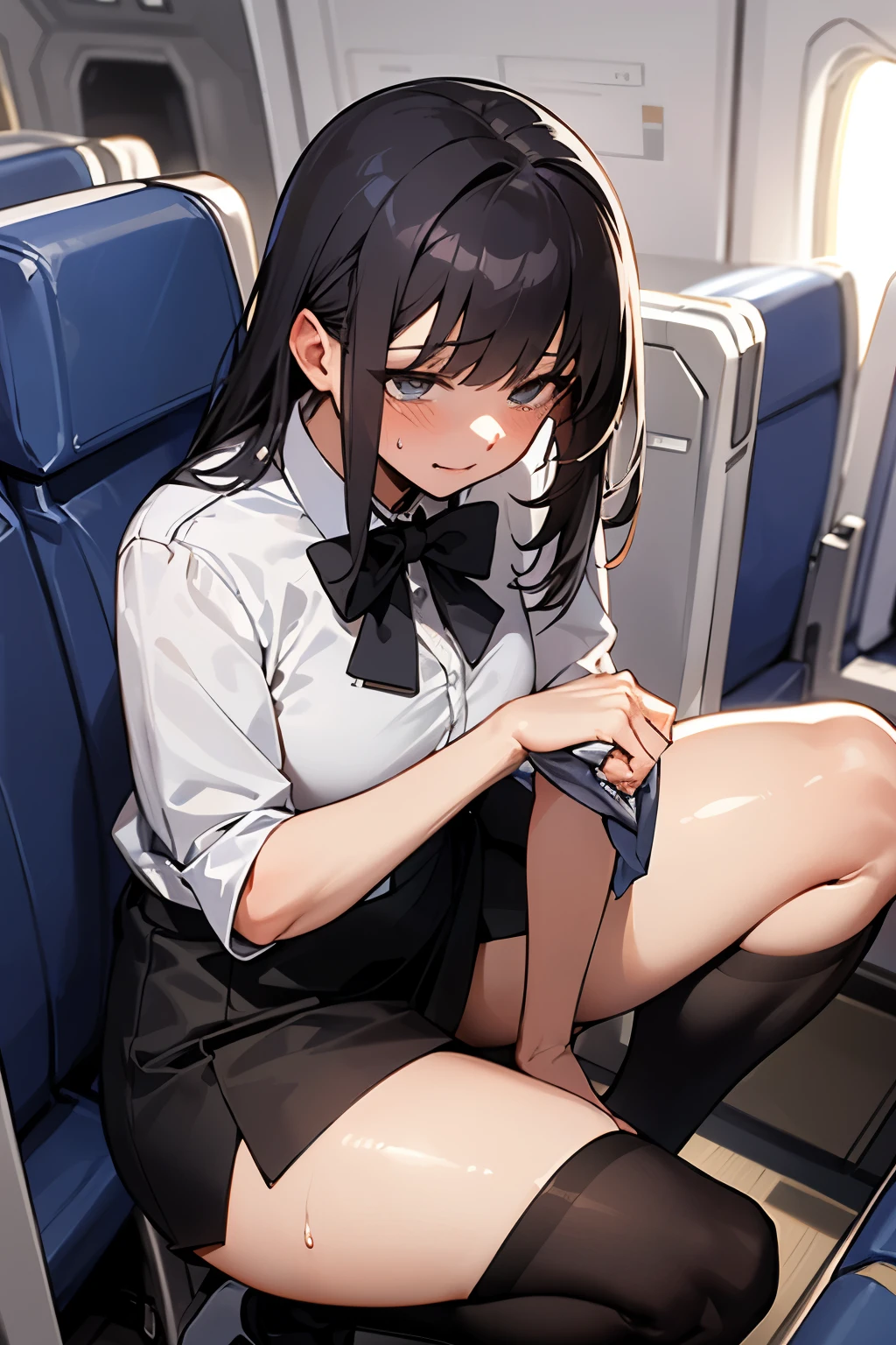 A 30-year-old female cabin attendant, squatting on one knee in the aisle of the plane, picking up a lost item, skirt, stockings, crotch emphasis, detailed eyes, ((from the front)), masterpiece, blush, shy face, sweat