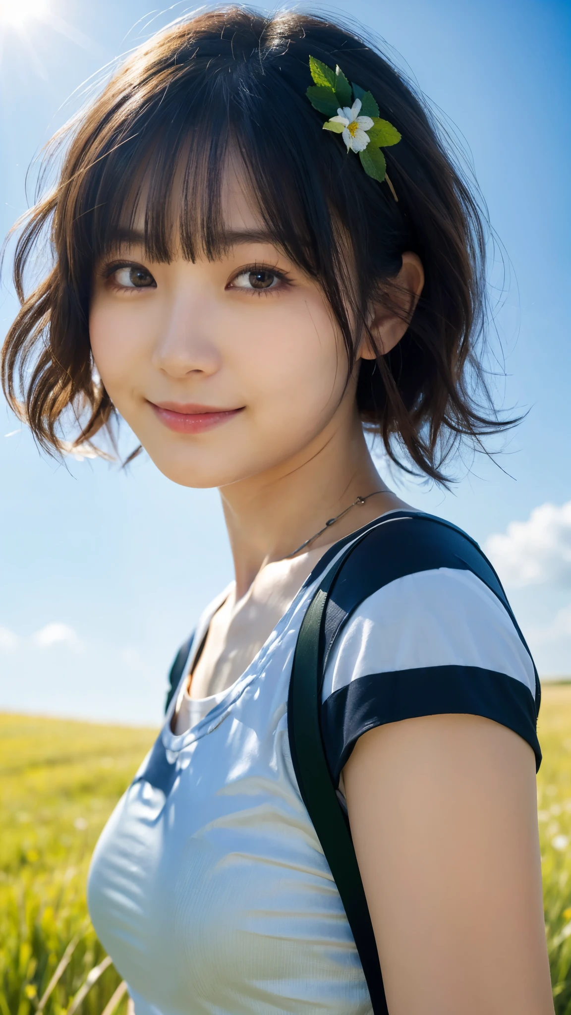 (highest quality,masterpiece:1.3,ultra high resolution),(Super detailed,caustics,8k),(photorealistic:1.4,RAW shooting),18-year-old,cute,Japanese,Short black hair with outward curls,(white t-shirt),(smile),look up at the camera,blue sky,sun,Backlight,(top of the hill),(Tall green grassland:1.1),(Standing in the steppe),(shot from the waist up),(face focus),(face close up),(High-situation:1.3),(high angle:1.3),Natural light