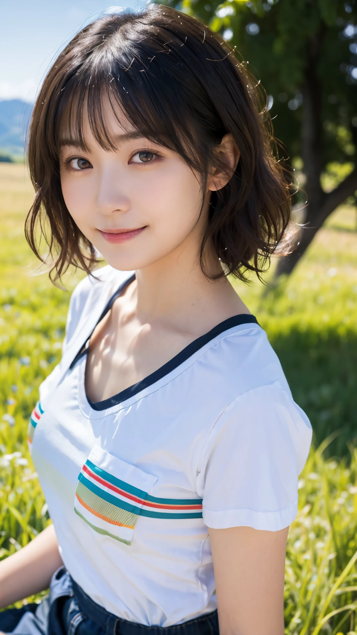 (highest quality,masterpiece:1.3,ultra high resolution),(Super detailed,caustics,8k),(photorealistic:1.4,RAW shooting),18-year-old,cute,Japanese,Short black hair with outward curls,(white t-shirt),(smile),look up at the camera,blue sky,sun,Backlight,(top of the hill),(Tall green grassland:1.1),(Standing in the steppe),(shot from the waist up),(face focus),(face close up),(High-situation:1.3),(high angle:1.3),Natural light