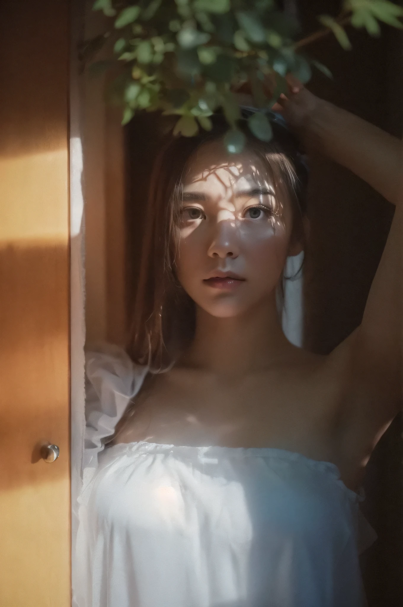 A woman is standing in front of a glass, wearing a white dress and a black headband. stands alone in a dark living room. The only light comes from a single window, casting a soft glow on her face. Her eyes are downcast, and her expression is one of sadness and loneliness. Shot on 35mm film, half body scene, the image has a cinematic quality, evoking a sense of isolation and longing.
