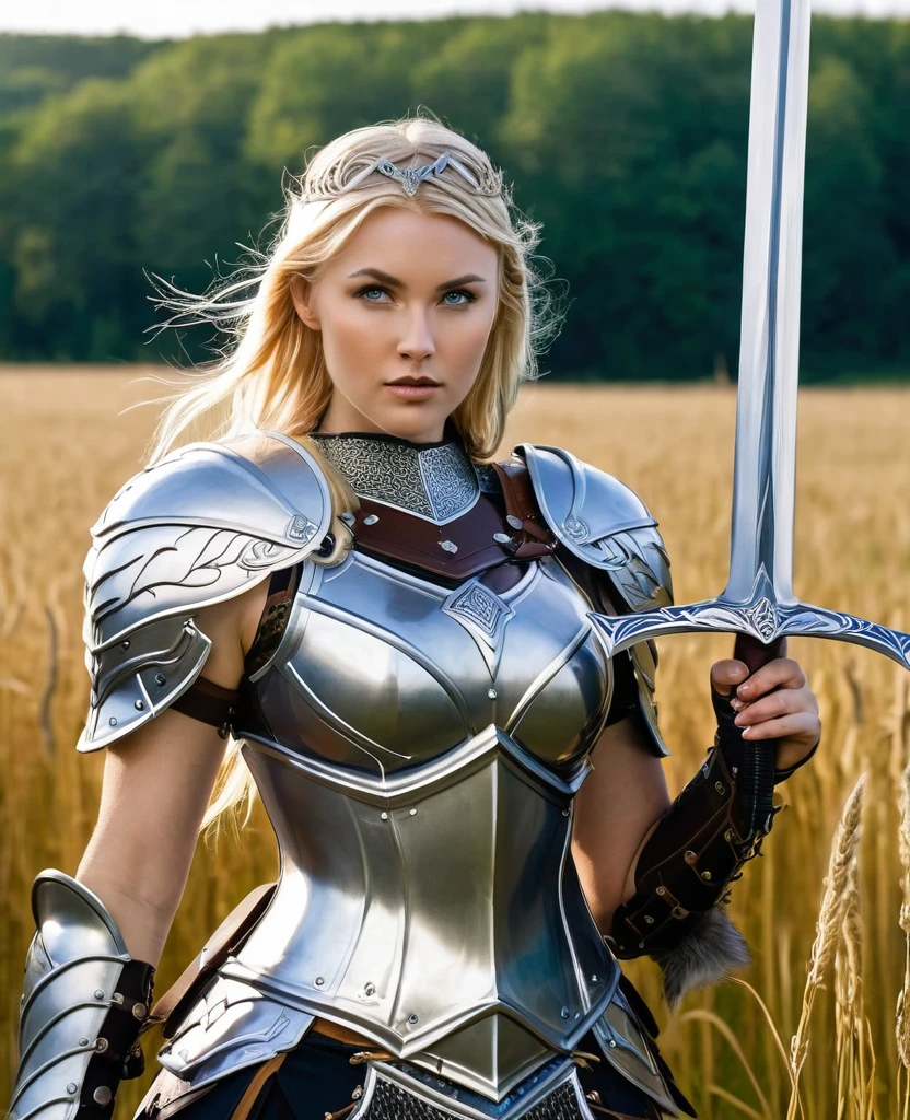 A woman in armour poses with a sword in a field, as a mystical valkyrie, valkyrie, norse goddess, Female Viking, bikini armorの女騎士, Gorgeous cosplay, sexy blonde warrior, Wearing fantasy armor, valkyrie style character, bikini armor, Wearing Nordic armor, wearing thunder armor, Adult female warrior of the North, Bird Warrior, Scandelas Fantasy Armor