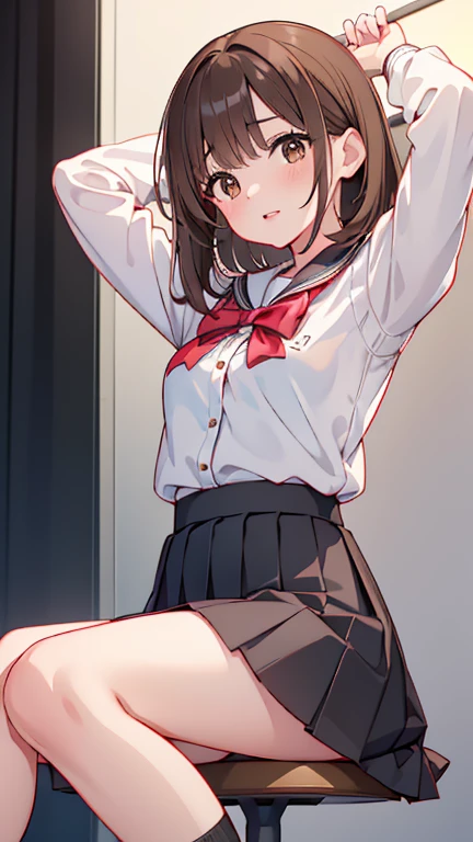 mitsuhamiyamizu, mitsuha miyamizu, black hair, (brown eyes:1.5), hair ribbon, (small breast:1.2),
BREAK bow, bowtie, kneehighs, pleated skirt, red bow, red bowtie, school uniform, skirt, sweater vest, brown vest,
BREAK looking at viewer,
BREAK indoors, classroom,
BREAK (masterpiece:1.2), best quality, high resolution, unity 8k wallpaper, (illustration:0.8), (beautiful detailed eyes:1.6), extremely detailed face, perfect lighting, extremely detailed CG, (perfect hands, perfect anatomy),(white panties:1.5), (short, tiny, little:1.2), (spread legs, open legs, knee up:1.3), groin, perineum, leaning back, body tilt, shy, blush, embarrassed, arms behind back, cowboy shot, dutch angle,