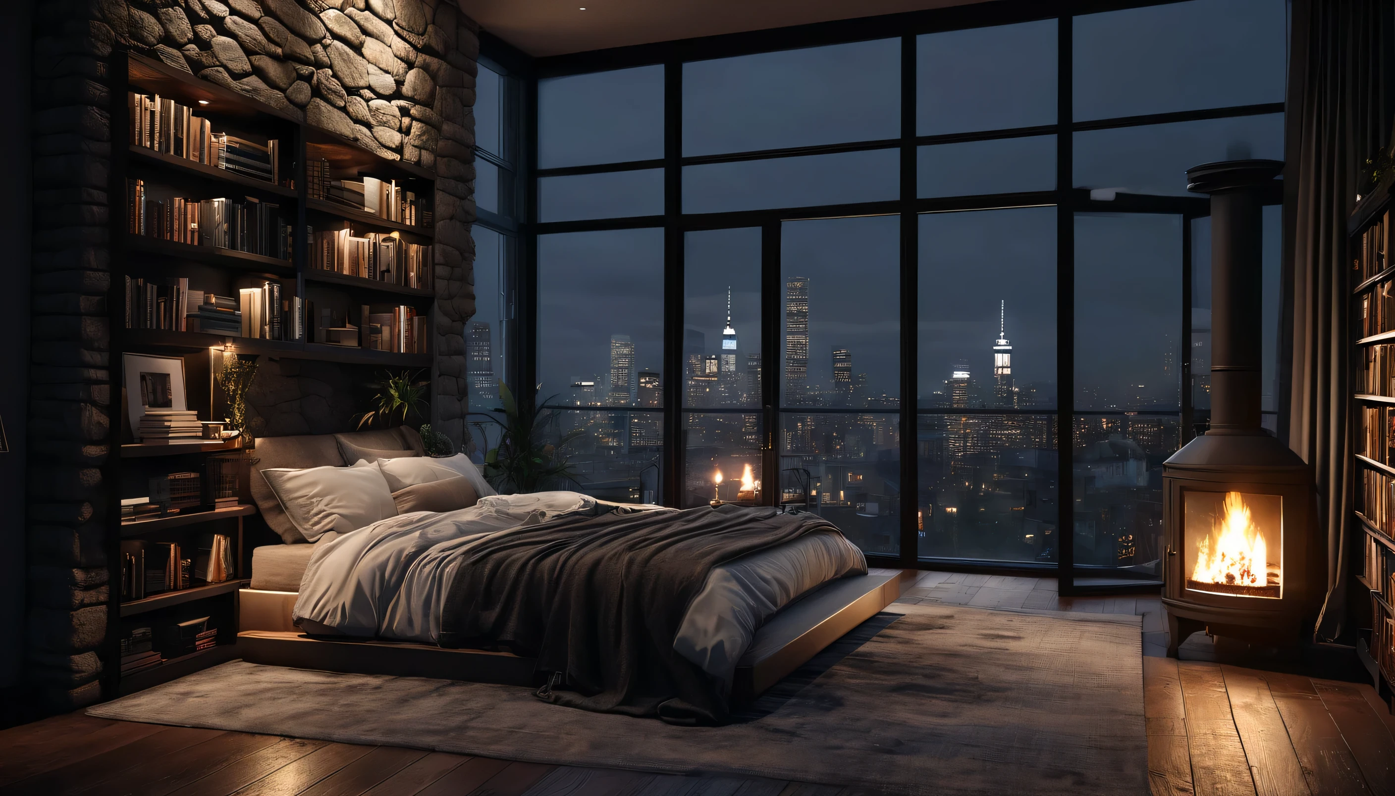 moody aesthetic, beautiful cozy, cramped bedroom with floor to ceiling glass windows overlooking a city at night, a stone fireplace, bookshelves, detailed, high resolution, photorrealistic, dark, gloomy