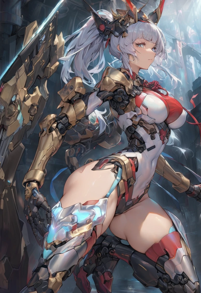 (masterpiece), (best quality:1.4), (perfect anatomy:1.4), high quality, expressive eyes, full body, tall girl, detailed face, beautiful face, perfect face, breasts, cleavage, gloves, A photograph of mid-twenties Japanese female android made of shiny white and silver translucent glass and plastic, geisha makeup and hairstyle, silver metal internal body mechanisms, dynamic pose, flowing organic construction, glowing golden circuitry, colorful neon trim, glowing circuitry, neon trim, depth of field focus f/2.8, art by H.R. Giger, Greg Rutowski, bodysuit, thick thighs, toned, emblem, superhero, dynamic lighting, 4k resolution, dynamic pose, weapon, energy weapon, cover, mecha musume, fortified suit, mechanical parts, headgear, robot joints, bodysuit, deva battle suit, gloves,