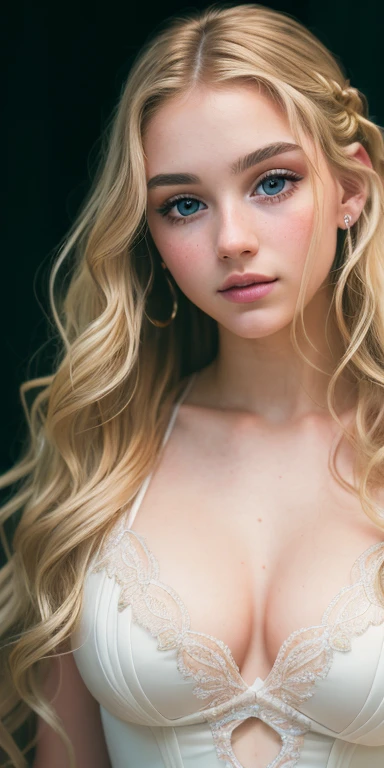 photo of a  european girl, RAW, beautiful woman, (extra long wavy blonde hair), ((portrait)), ((detailed face:1.2)), ((detailed facial features)), (finely detailed skin), pale skin, high detailed lacey bodysuit, deep cleavage, bedroom environment, (cold colors), damp, moist, reflections, (masterpiece) (perfect proportion)(realistic photo)(best quality) (detailed) photographed on a Canon EOS R5, 50mm lens, F/2.8, HDR, (8k) (wallpaper) (cinematic lighting) (dramatic lighting) (sharp focus) (intricate) fashion