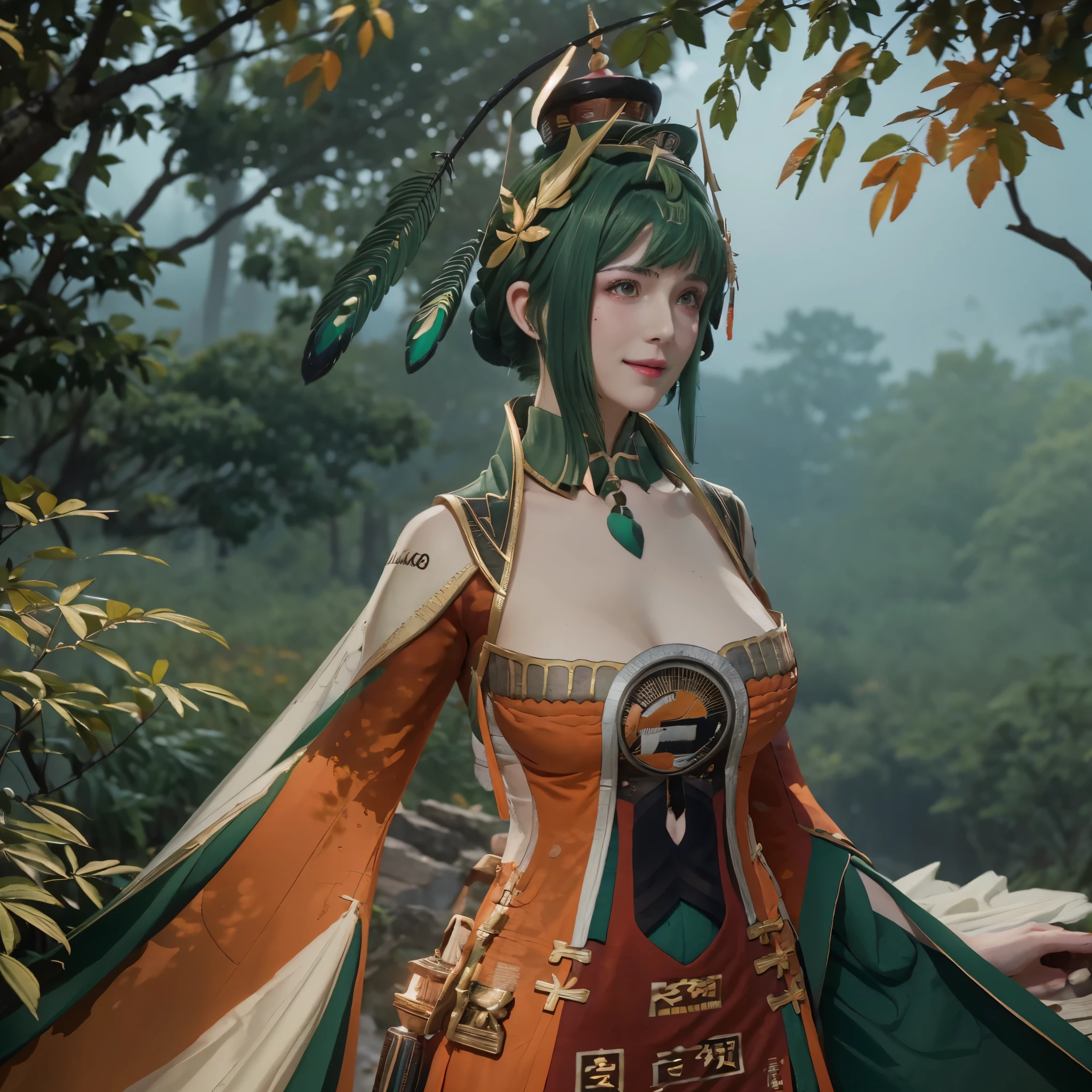 A woman wearing a green dress with white details, green hair, orange eyes, walking on a staircase from a high point of a large Chinese rocky mountain, some trees with orange autumn leaves, leaves falling mist in place, smiling.HDR, ultra resolution, well defined, masterpiece, 8K HD. (solo woman)
