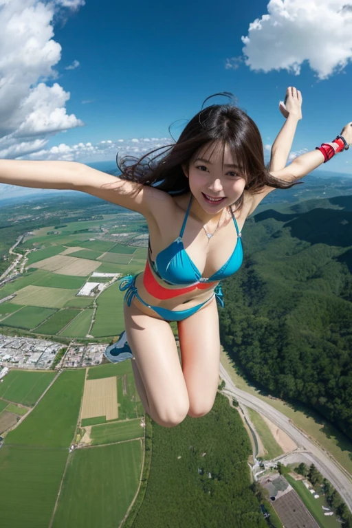 over the sky３０００In the middle of skydiving at 1.5 meters、The surroundings are clear blue sky and clouds、She is a beautiful Japanese woman with medium-long bob hair and is very cute, and is having fun and spreading her arms and legs.、Sensual style、She is wearing a very sexy micro bikini swimsuit.、She is looking at the camera、The camera follows her from above.、not wearing glasses！