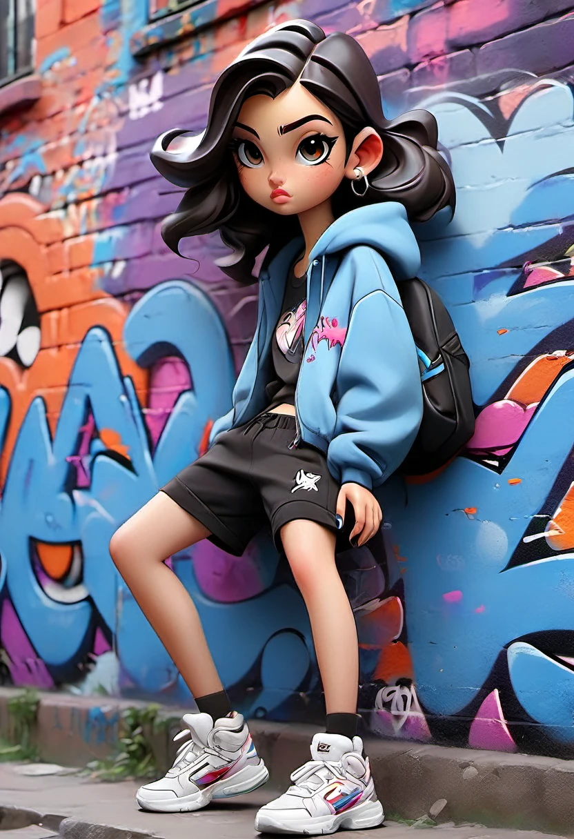 A girl graffiti wall bluish clothes 
