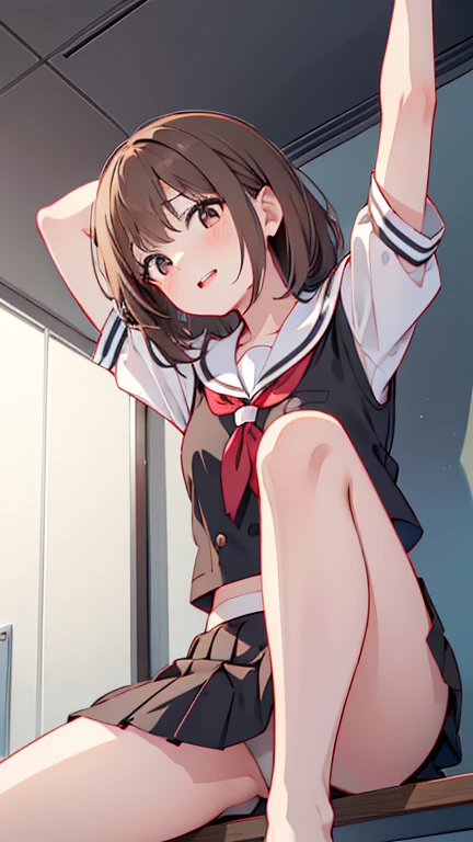 (High definition, high quality),(1 Female, Brown hair, medium length hairstyle, Gradient brown eyes, black eyeliner, thin lips, Laugh shyly ),( High school girl uniform, pleated mini skirt),( Arms up, Sit down and spread legs), (shot from front below:1.2)