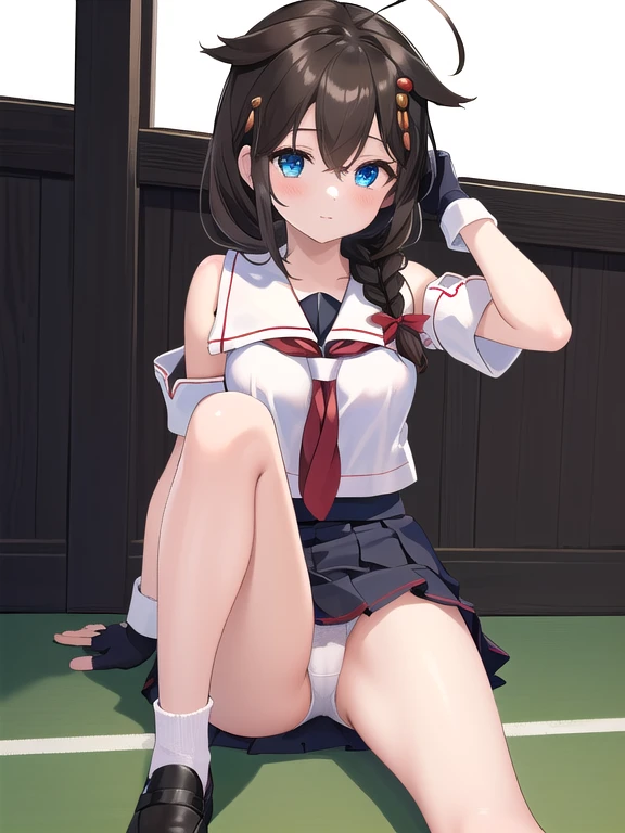 (masterpiece, best quality:1.2),illustration,8k,hd,1girl,solo,upper body,(portrait:1.2),long hair, single braid, black serafuku, black , pleated skirt, 　shigure, ahoge, brown hair, blue eyes, braid, hair ornament, hair over shoulder, long hair, single braid, hair flaps,　black gloves, black serafuku, black shirt, black skirt, fingerless gloves, gloves, neckerchief, pleated skirt, red neckerchief, sailor collar, , serafuku, shirt, skirt, white sailor collar, white panties、Anime girl sitting cross-legged on the floor, Anime girl sitting, BeautifulAnime girl sitting,　open legs