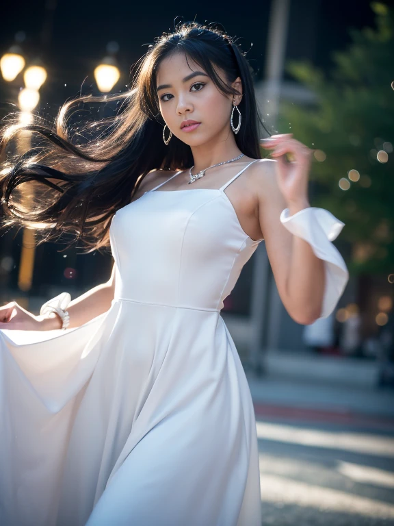 (8K, RAW Photos, Best Quality, High resolution: 1.1), (Surreal: 1.4), (Realistic, Realistic: 1.3), Soft light, girl, Realistic face, Realistic body, Realistic skin, Absurd, masutepiece, (Cute: 1.8), Cute, Solo, (conservative dress: 1.2), Detailed black eyes, Innocent eyes, blush, cello, (White luxury long dress: 1.2), movie lights, film grains, Sparkling Jewelry, Diamonds, earrings, the ring, ((Medium Hair: 1.1)), ((Floating hair Nova frog style)), Cherry lips, head band, Hair Bow, Ponytail, viewer, Long hair, Open lips, Upper teeth, depth of fields, Blurred background, Eye focus, Bokeh, young, 85mm lens, F/1.4, Professional Lighting, young, Photon mapping, Radio City, Physically Based Rendering, (Small Breasts) 