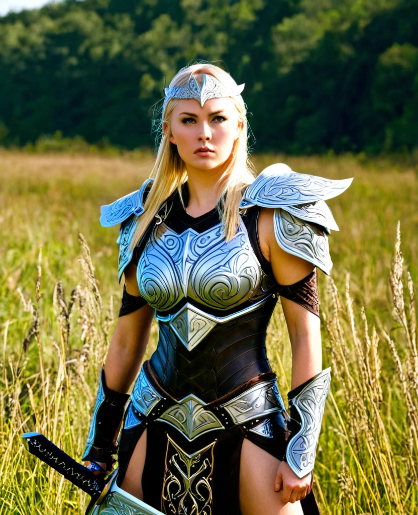 (ultra photorealistic:1.3) beautiful fantasy armored blonde woman with a big sword walking, morning, forest, fog, straight hair, 18-year-old, muscular, daylight, sunlight: 1.2, volume light, reflections, octane, unreal, rtx, confident, shinny (golden armor), intricate details, pointy ears, with a horse way behind her, bokeh,