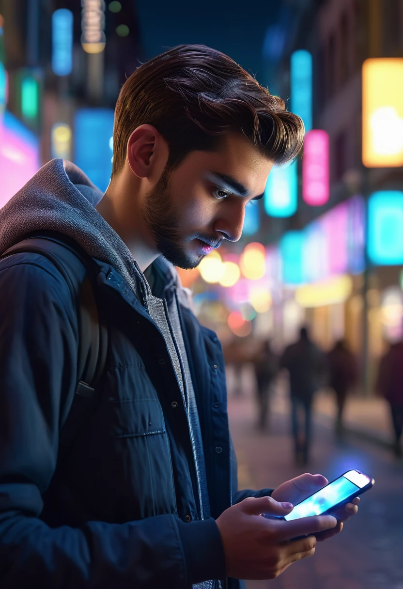 hyper realistic comercial image, a 25-year-old man typing on his cell phone on a city street at night, around him, several holograms showing social networks, bokeh light effects, lens flare effects, on a great city, 8k resolution, dramatic lighting, depht blur , greg rutkowsky style, raw photo