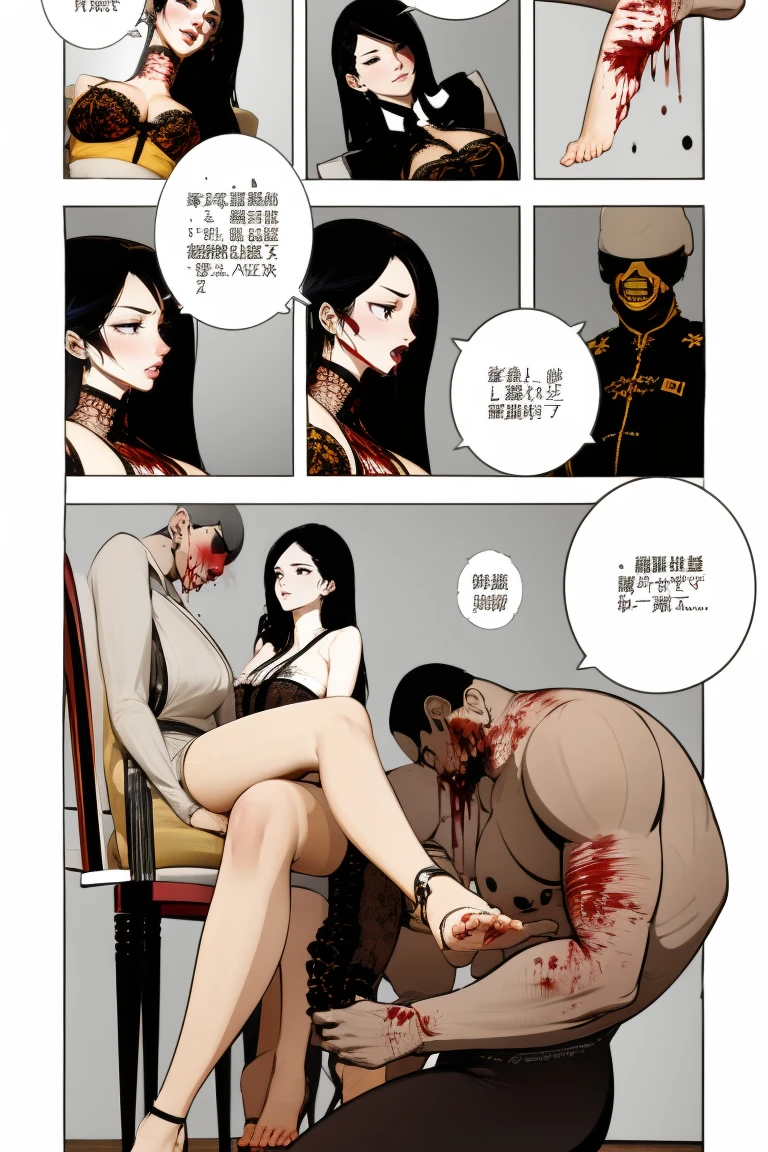 comic storyboard,realistic,3d,Unreal Engine 5,skin texture,anatomically correct,1beautiful girl, long hair,smile,barefoot,lace top,sexy, shiny leggings, thin gap,camel toe,high heels,cleavage,crossed legs,large breasts,leg tattoo,long hair,smile,toenails,) standing,trample,cuts,defloration,indoor,couple,femdom,hetero,saliva , mucus,femdom,blood on clothes,blood on hands,blood splatter,open mouth,kneeling man,sit,trembling man,dead man,sit,bruise man,lying man,man cum,bleeding man,(masterpiece, best quality:1.2)