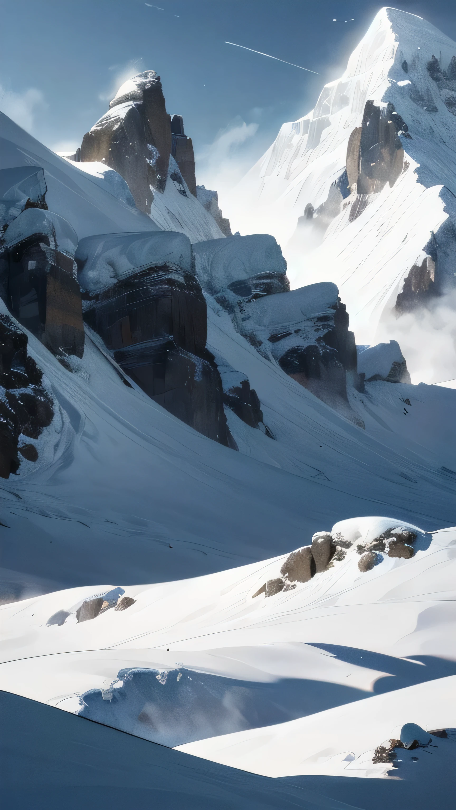 A snowy mountain range covered with a blanket of snow: 1.4, The surrounding area is eerily black and dark with a blizzard: 1.3, (Snowy ridge plateau terrain with an artistic beauty), The ridgeline of the mountain in the foreground Climbing from Mt. Kuro The elevation gradually increases from the front: 1.3, break, the top of the mountain Photo taken from above in the frigid polar region: 1.3, break, the background is a panoramic photo of the mountains. Snowy horizon and distant snowy mountains: 1.3, The sky is deep blue and black: 1.4, Ultimate masterpiece: 1.4, Ultimate quality: 1.3, Very delicate details: 1.3, The snow is carefully finished by a professional art background illustrator Polar mountain terrain: 1.4), Professional award-winning photorealistic movie poster digital illustration: 1.4, Artistically beautiful: 1.4, Composition that captures the landscape in the screen, realistic rather than fantasy scenery: 1.4, the tallest mountain near the top of the poster creates a strong and eerie atmosphere. Cloudy sky due to black anomaly due to strange paranormal phenomenon: 1.4, No one: 1.4, No landscape behind: 2, Black shot looking up at the mountain, illustration inspired by the scenery of climbing Everest: 1.3, Realistic mountain terrain: 1.4 , Illustrations based on actual scenery: 1.4, No one: 1.4, Antarctic polar region: 1.4, There is a mountain in the foreground, and the farther you go, the higher it becomes: 1.3, Beautiful and calm mountain peak, jet black, rough sky, dark gray Cloudy sky: 1.3, Stylish with a snowstorm: 1.4, Filmed in front of the ground: 1.3, Super close-up: 1.4, The setting for a cinematic snowy mountain exploration movie that climbs unexplored peaks