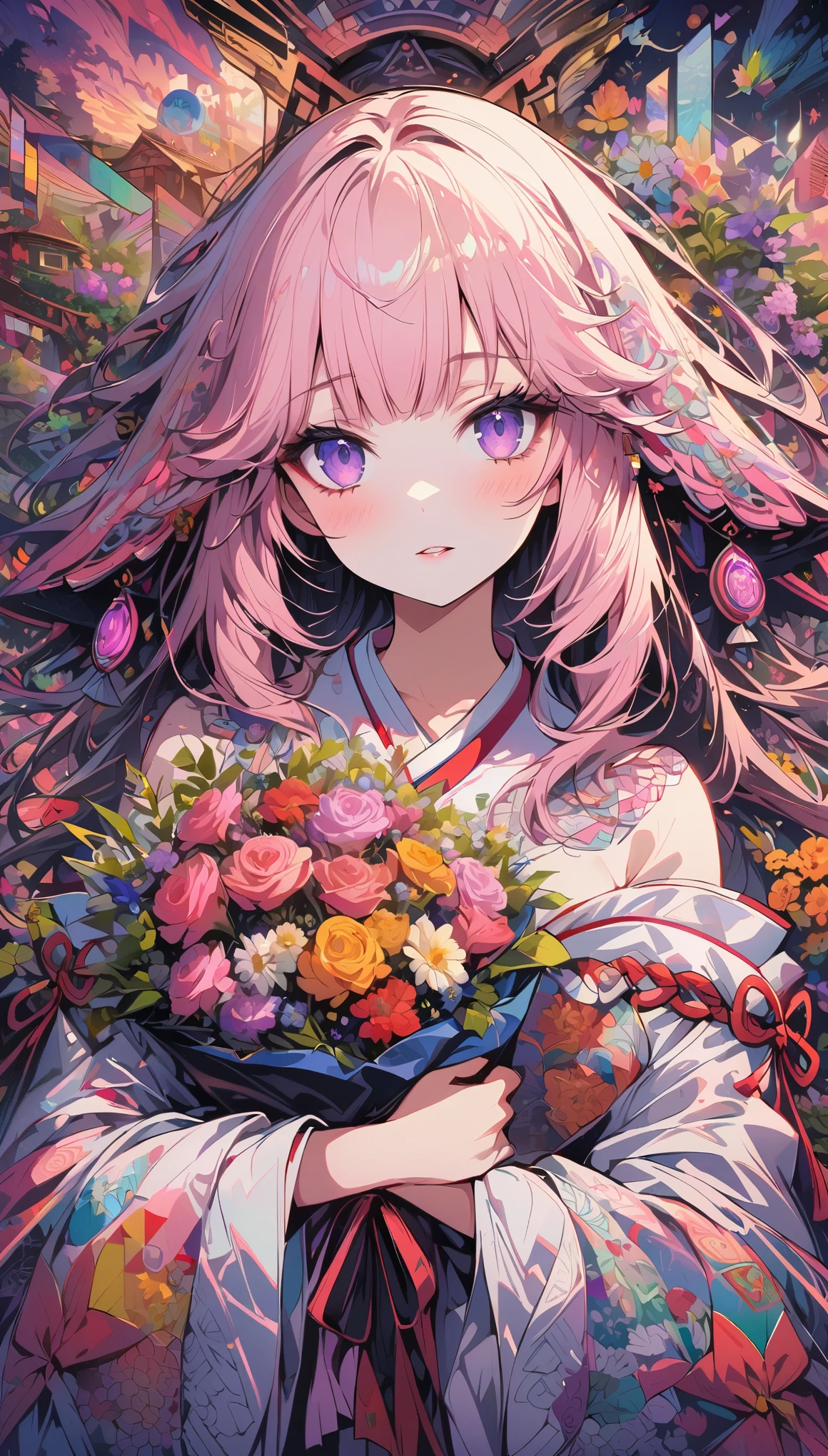 (ultra-Detailed background, Detailed background), ridiculous, High resolution, super detailed, Very detailed, 1 girl, Yae Shrine Maiden, pink hair, purple eyes, (A bouquet of flowers:1.3), (Zentangle:1.2), (Geometric:1.2),(colorful),