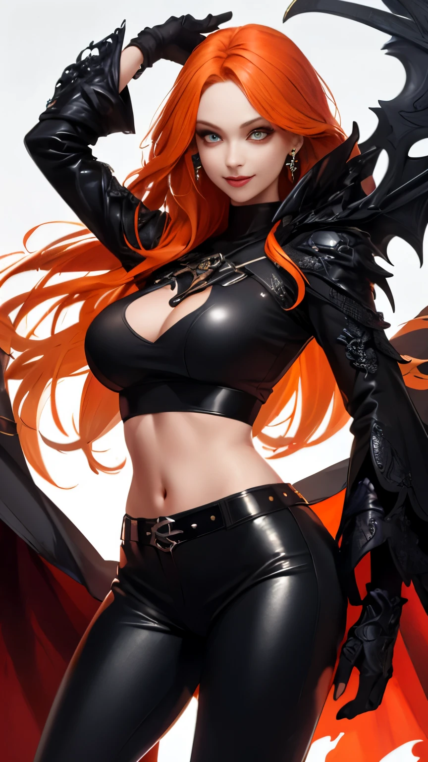 (Highly quality, masterpiece, detailed), fire city detailed scenario, fire city detailed background, solo, orange hair, madelynepri, 1woman, black cape, black crop top, leather pants, sleeves, navel, perfect face, evil smile, beautiful eyes, look at the viewer, Sexy pose