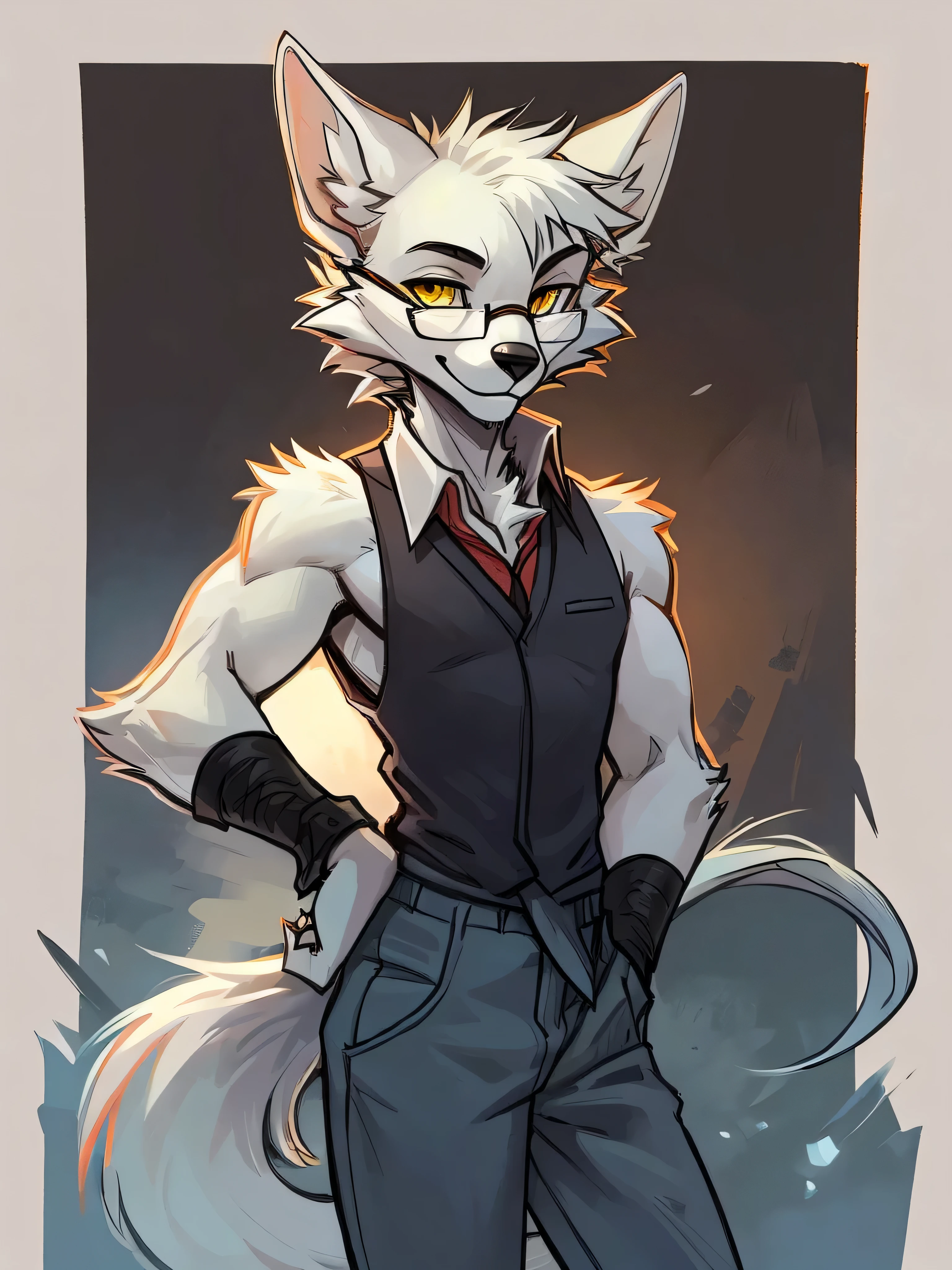 Male, arctic wolf, detailed yellow eyes, long tail, bartender, loose baggy jeans, slim, sly, simple background, glasses