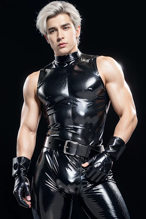 3d, HDR full body photorealistic ultra realism high definition aesthetic stabilized diffusion picture of handsome hunky fractal clean shaven white haired Zane Philips in black waves filigree shiny over latex spandex with black belt and black gloves,