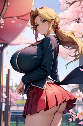 8k(Good at drawing faces)((woman,huge breasts, (huge breasts:1.8),とても唇が赤いhuge breastsを強調,big ass,thin waist,long legs,green eyes立っている)) 8k(((((anime style)))))8k(((((anime style)green eyes)))) 8k((Standing at the station))8k((Waiting for a train at the station))8k((early morning))8k((beautiful woman))((学生blazer15歳学生服 緑のネクタイ, blazer, pleated skirt))8k((spring,cherry blossoms,The wind is blowing,the skirt is turned up,cherry blossomsが散っている:1.5))