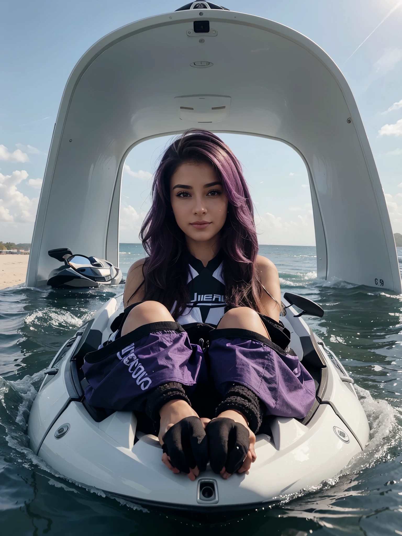 Mulher de biquini de croche lilas, em um jet-ski com os cabelos voando