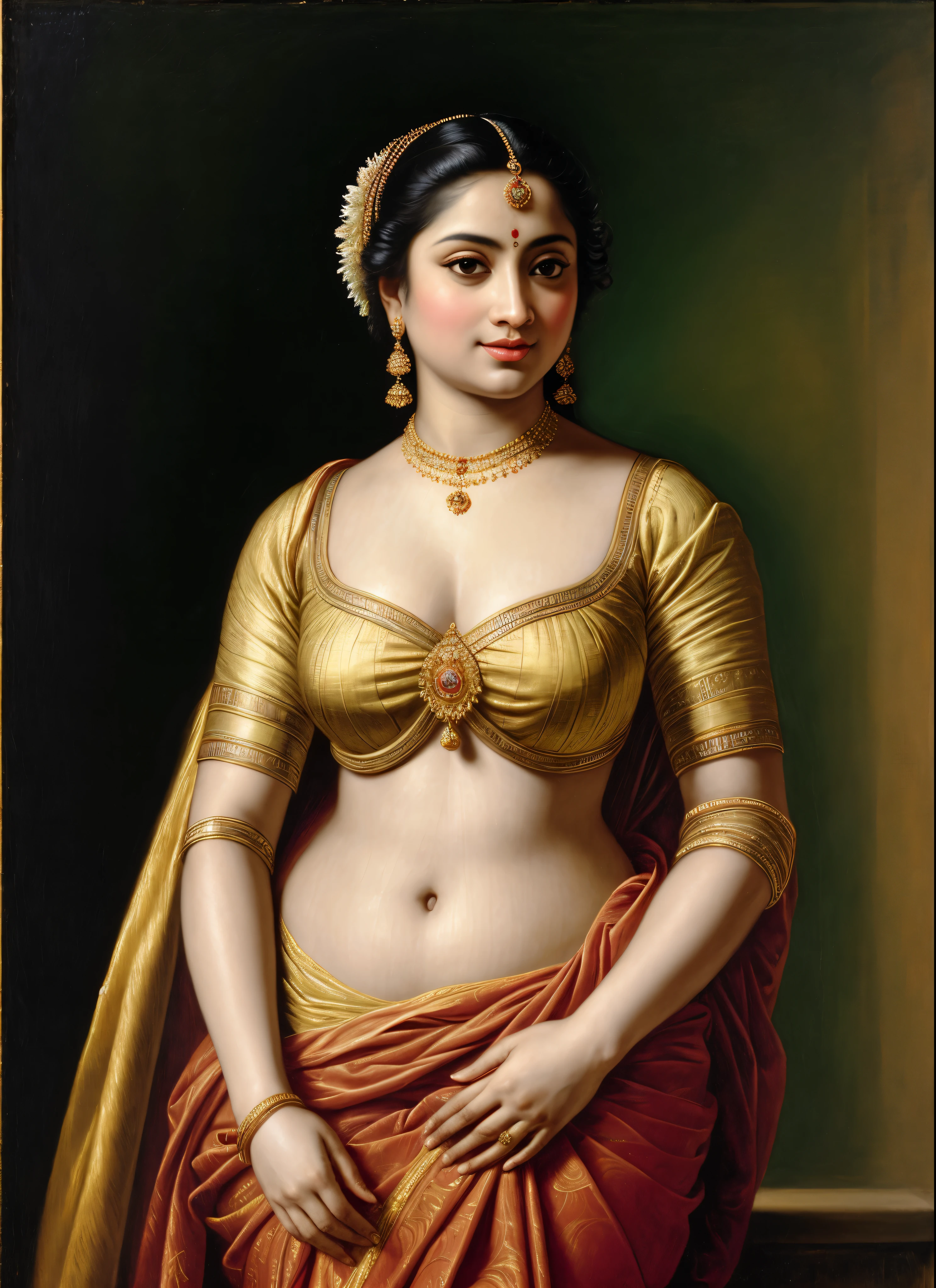 Beautiful Indian Woman, wearing saree, sari Beauty, gorgeous, Apsara, Maharani, royal queen woman, nymph from Hindu Mythology, Urvashi, matchless beauty, Highly detailed, Oil Painting by Peter Paul Rubens inspired by Raja Ravi Varma, Matchless beauty, captivating, gorgeous, heavenly beauty, celestial beauty, by Peter Paul Rubens, 13, realistic, hyper realistic, micro details, incredible artwork, insane details, ultra High resolution, 8k, 32k, acrylic on canvas, intricate, flawless, detailed, detailed face, detailed eyes, masterpiece, by Peter Paul Rubens, by Caravaggio, by William Adolphe bouguereau, perfect face, perfect body, beautiful art, realism, baroque, renaissance Art, highly textured, beautiful and detailed eyes, uhd, best quality,