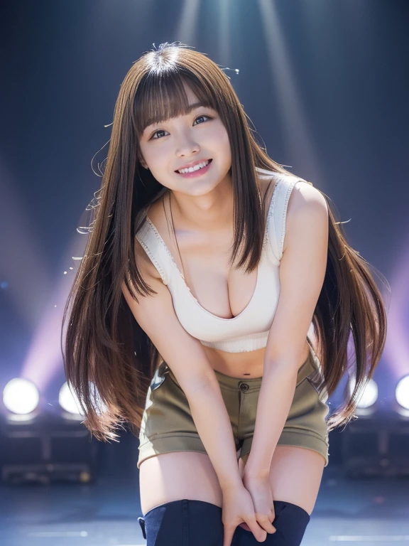 一段上がった広い舞台の上にone womanの子、big breasts、concert venue、singing and dancing、one woman、masterpiece、((extremely realistic、Extremely realistic))((Extreme photo quality、Extremely high image quality、Increase saturation and contrast))((bright smile、smile))、((、beautiful hair、bright hair color、Super Long Straight、moist hair))(drooping eyes、sparkling eyes、stare)(((16 year old girl、small face、Super Baby Face、make、Surreal texture)))(Extremely realistic skin、Extremely fair skin)beautiful armpits、firm chest、超big breasts、Round Breasts、thin waist、constriction、long legs(Detailed US Air Force Pilot Captain Uniform、cleavage、I can see your belly button)、 (Khaki shorts)、(Knee-high boots)((The atmosphere is colorful concert lights,Upper Light、 Create a seductive glow around her))full body shot from below、Stand and dance sexy