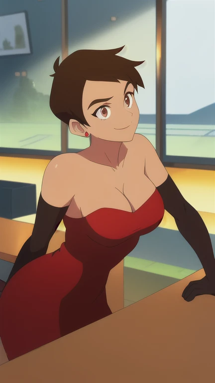 masterpiece, best quality, mawsLoisLane, 1girl, solo, black hair, short hair, brown hair, upper body, (red dress), (strapless dress, elbow gloves, cleavage, bare back), (detailed landscape, bar:1.2), (dynamic_angle:1.2), (dynamic_pose:1.2), (rule of third_composition:1.3)
smile,closed mouth,cowboy shot,earrings, sunlight, 