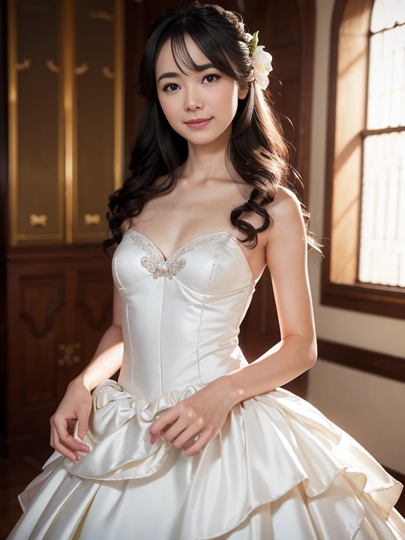 1 girl, smile, shiny skin, delicate face, best quality, masterpiece, (realistic: 1.4), wedding dress, random hairstyle, perfect figure, small breasts, princess