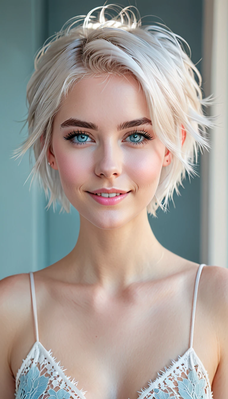 a slight smiling young woman with cute short spiky white hair in a middle part with side bangs. she has ice-blue eyes and pale pink lips and cheeks. she is wearing an white lacy camisol top. she is so pretty. digital art preset